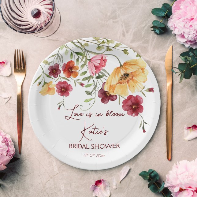 Love is in bloom burgundy flowers bridal shower  paper plate (Creator Uploaded)