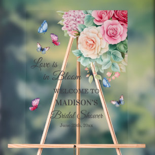 Love is in Bloom Butterflies Bridal Shower Welcome Acrylic Sign