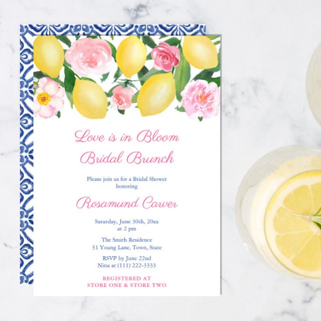 Love Is In Bloom Citrus Bridal Shower Brunch Party Invitation (Love Is In Bloom Amore Lemons Pink Bridal Shower Brunch Party Invitation)