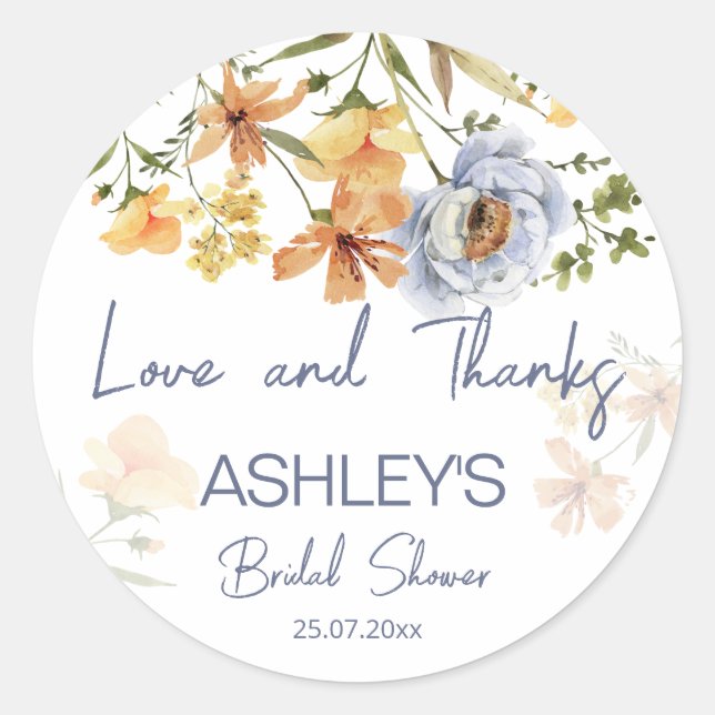 Love is in bloom dusty blue flowers bridal shower  classic round sticker (Front)