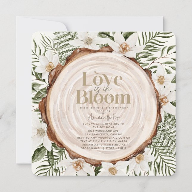 Love is in Bloom Floral Wood Stump Bridal Shower Invitation (Front)