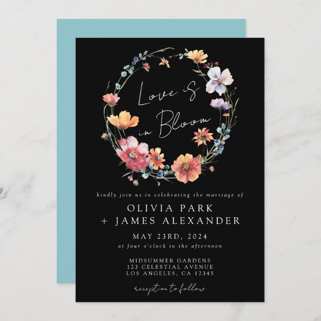 Love is in Bloom Floral Wreath Black Wedding Invitation (Front/Back)