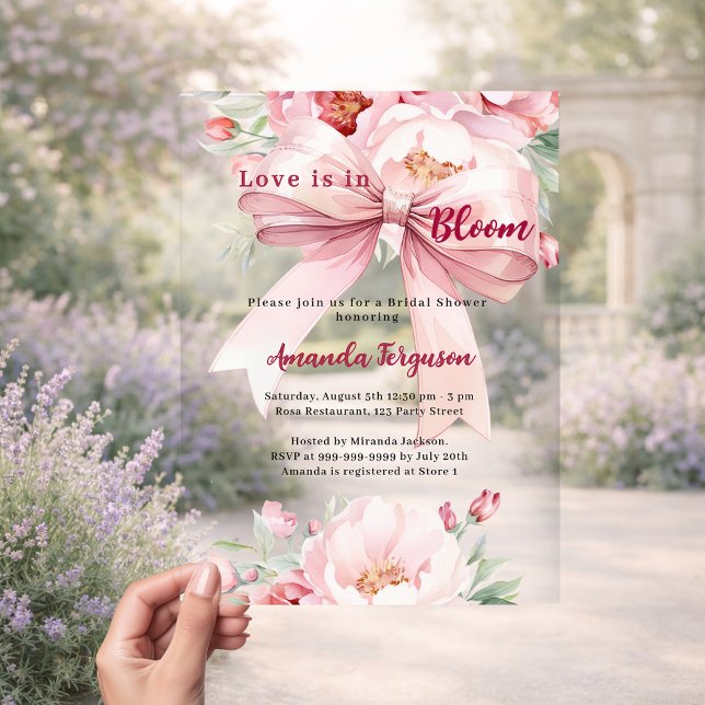Love is in bloom florals pink bow Bridal Shower Acrylic Invitations (Creator Uploaded)