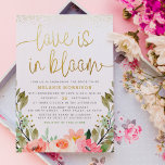 Love Is In Bloom | Gold Blush Floral Bridal Shower Invitation<br><div class="desc">This bridal shower invitation features an arrangement of watercolor flowers in shades of pink and white in rustic garden greenery. "Love is in bloom" is written in modern script calligraphy, with swirls at either end that reach the edge of the invite. Your shower details appear below in simple typography. This...</div>