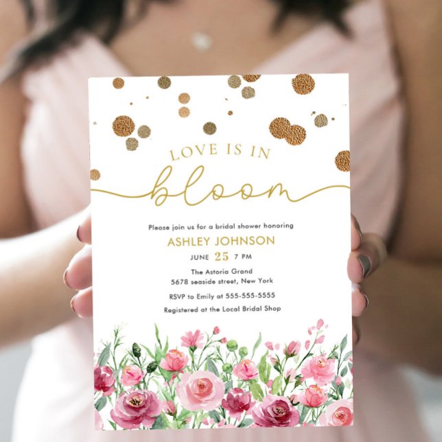 Love Is In Bloom Gold Blush Floral Bridal Shower Invitation (Creator Uploaded)