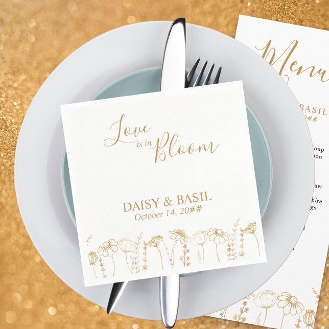 Love is in Bloom Gold Wildflower Sketch Wedding Napkin (Love is in Bloom napkins in White & Gold, from my Wildflower Sketch collection)