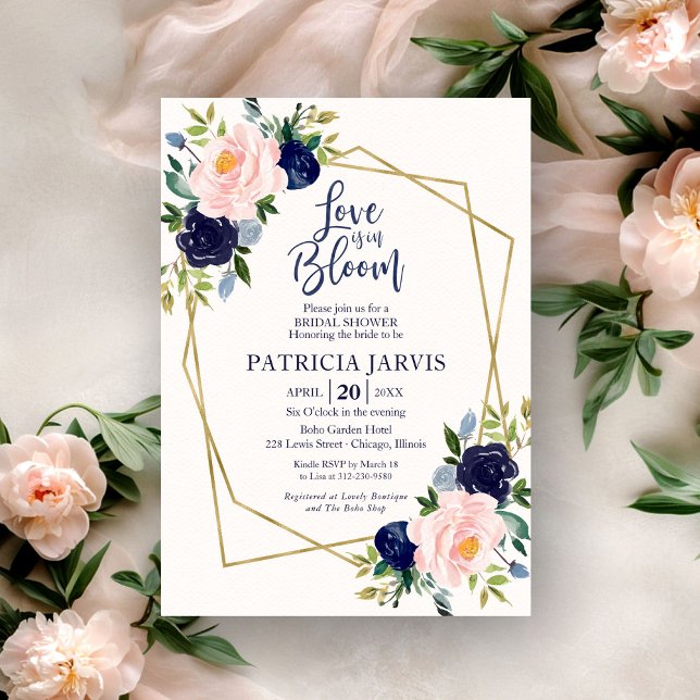 Love Is In Bloom Navy Blue Floral Bridal Shower Invitation (Creator Uploaded)