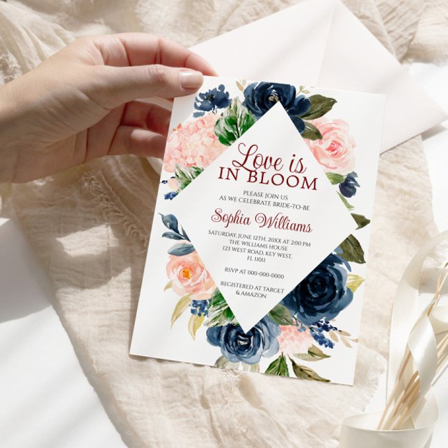 Love is in Bloom Navy & Pink Flowers Bridal Shower Invitation (Creator Uploaded)