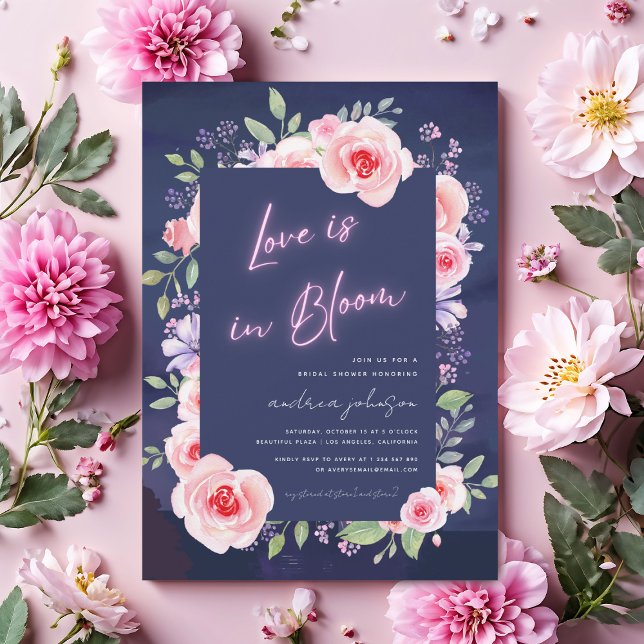 Love is in Bloom Neon & Pink Floral Bridal Shower Invitation (Creator Uploaded)