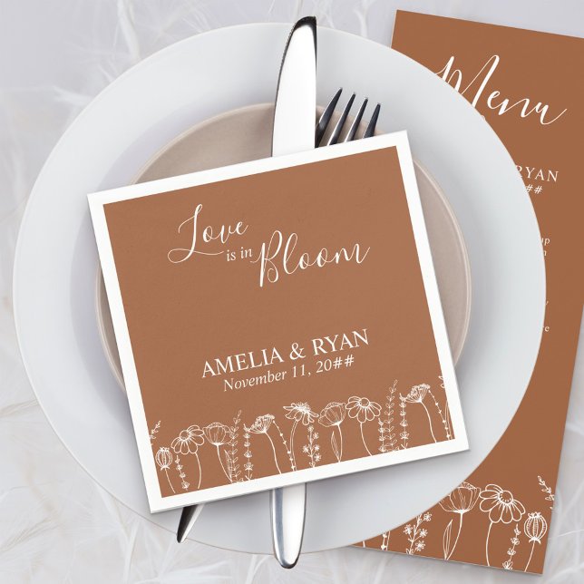 Love is in Bloom Orange Wildflower Sketch Wedding Napkin (Love is in Bloom napkins in Terracotta Burnt Orange, from my Wildflower Sketch collection)