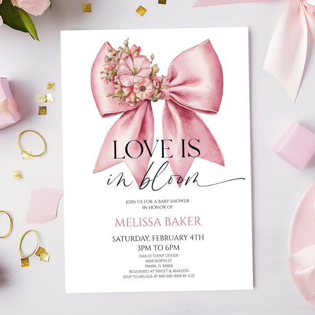 Love Is In Bloom Pink Floral Bow Bridal Shower Invitation (Creator Uploaded)
