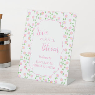 Love Is In Bloom Pink Floral Bridal Shower Pedestal Sign