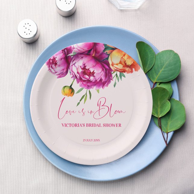 Love is in bloom pink flower bridal shower printed paper plate (Creator Uploaded)