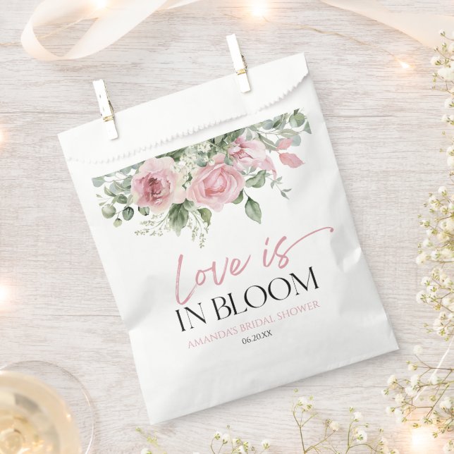 Love Is In Bloom Pink Rose Floral Bridal Shower Favour Bags (Clipped)