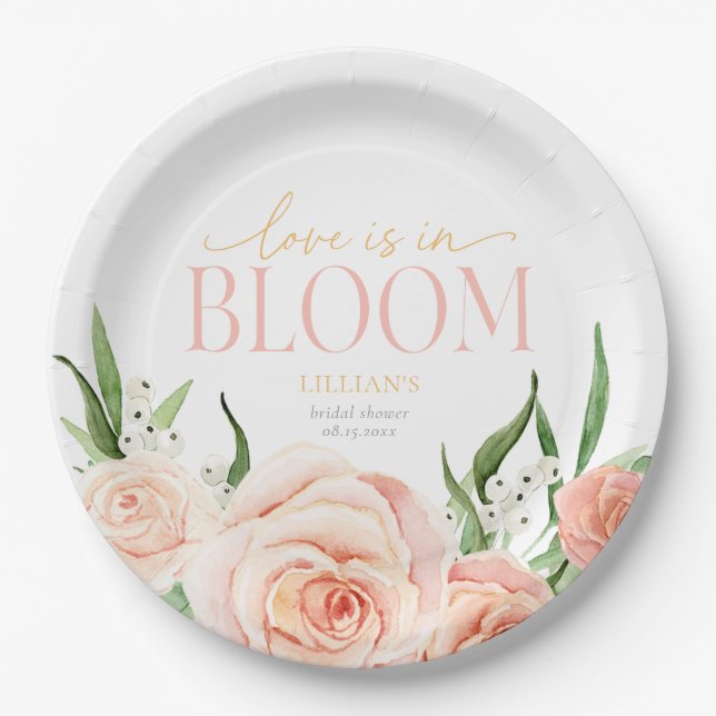 Love Is In Bloom Pink Rose Flowers Bridal Shower  Paper Plate (Front)