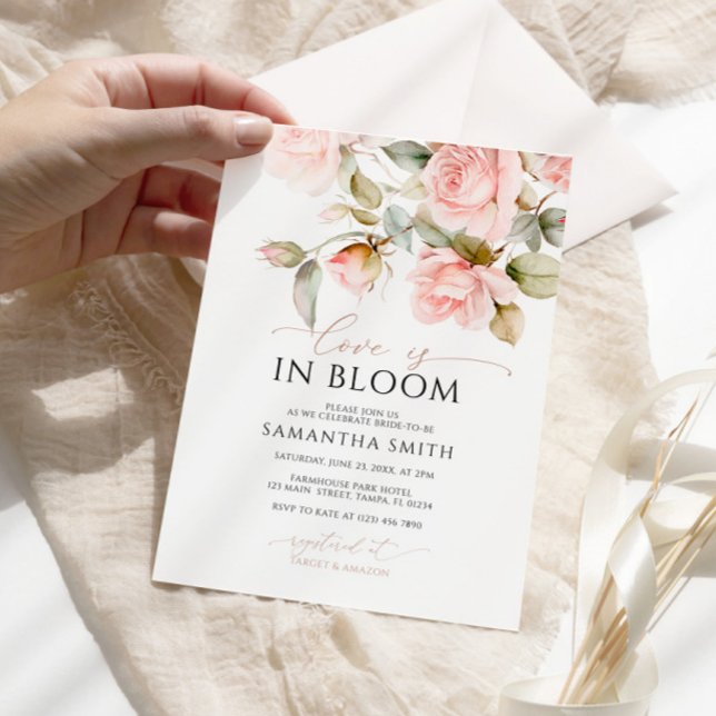 Love is in Bloom Pink Rose & Green Bridal Shower Invitation (Creator Uploaded)