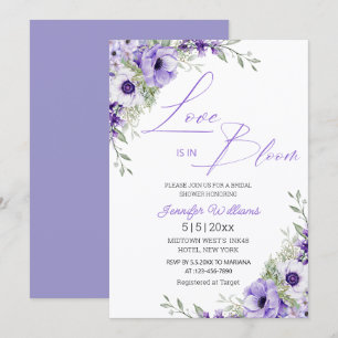 love is in bloom, purple floral bridal shower chic invitation