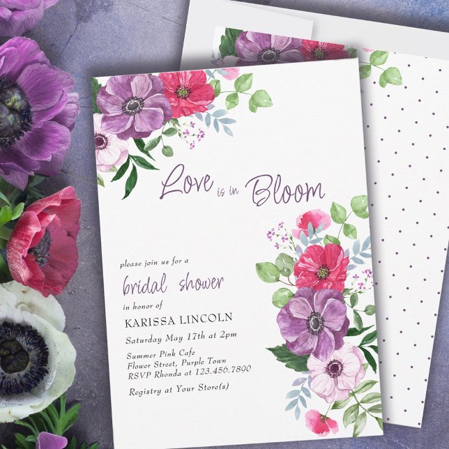 Love is in Bloom Purple Pink Floral Bridal Shower Invitation (Creator Uploaded)