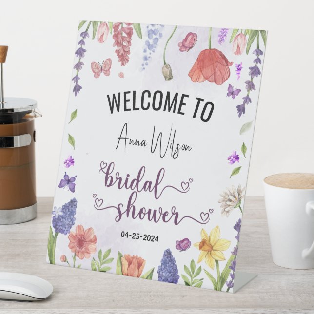 love is in bloom purple wildflower bridal shower pedestal sign (In SItu)