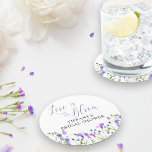 Love is in Bloom Purple Wildflower Bridal Shower Round Paper Coaster<br><div class="desc">Love is in Bloom Wildflower bridal shower coasters to personalise. Delicate and feminine botanical design is hand lettered with "love is in bloom" in elegant script calligraphy. It has a pretty border of watercolor wild flowers in shades of lilac, lavender, purple, pink and blue. A dainty modern floral with girly,...</div>
