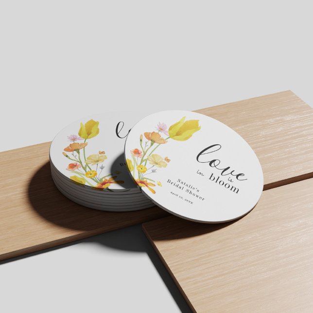 Love is in Bloom Spring Wildflower Bridal Shower Round Paper Coaster (Creator Uploaded)