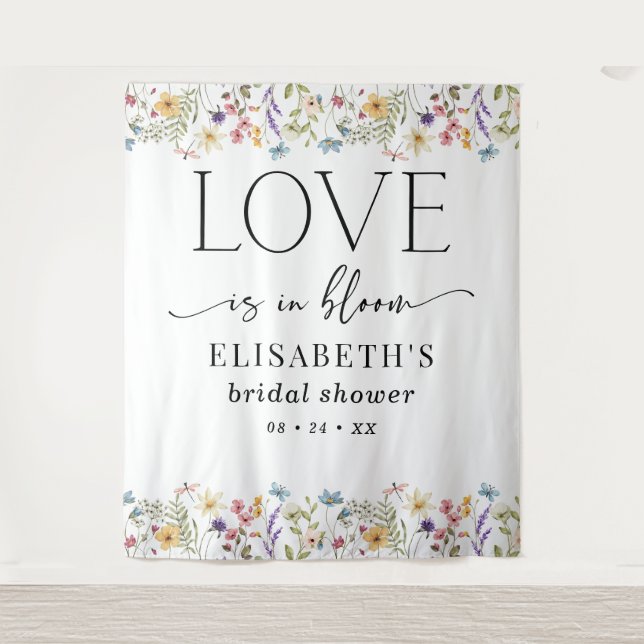 Love Is in Bloom White Bridal Shower Backdrop Tapestry (Front)