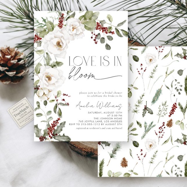 Love is in Bloom White Flowers Pine Winter Invitation (Creator Uploaded)