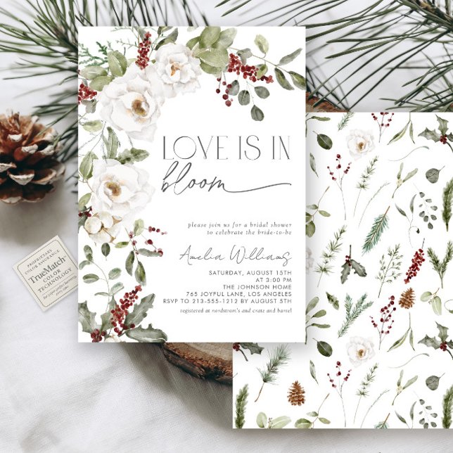 Love is in Bloom White Flowers Pine Winter Invitation (Creator Uploaded)