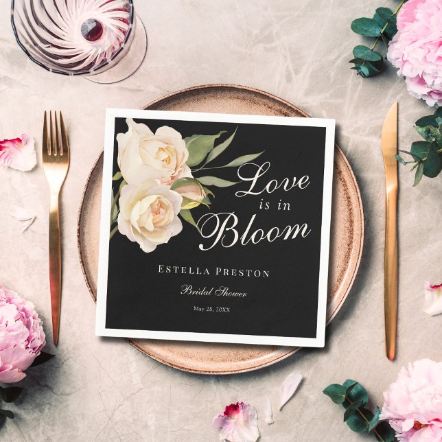Love is in Bloom White Roses Black Bridal Shower Napkin (Creator Uploaded)
