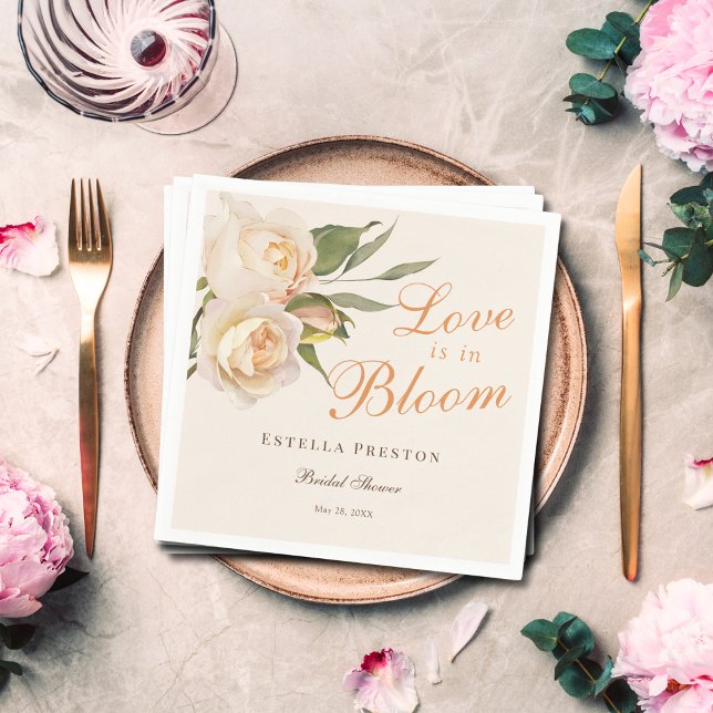 Love is in Bloom White Roses Cream Bridal Shower Napkin (Creator Uploaded)