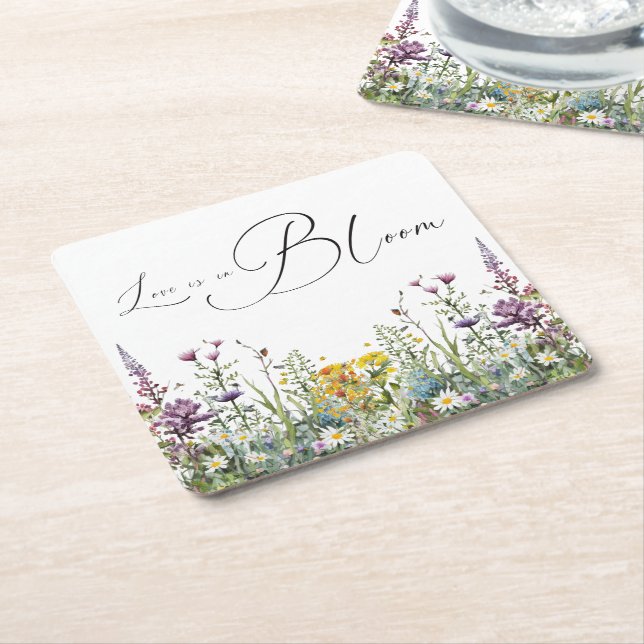 Love is in Bloom Wildflower Floral Bridal Shower Square Paper Coaster (Angled)