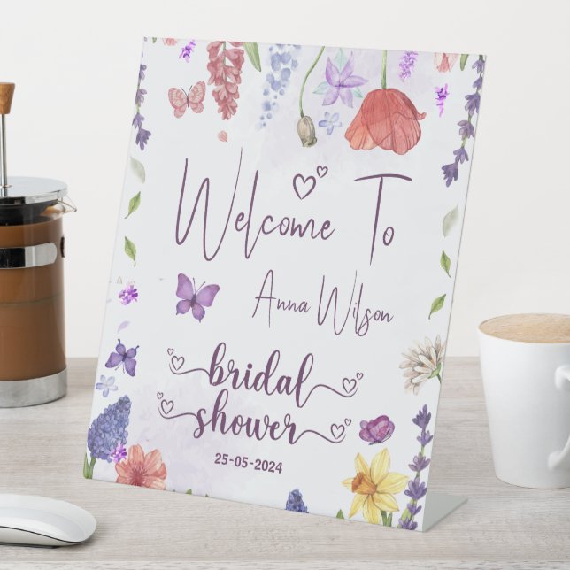 love is in bloom wildflower spring bridal shower pedestal sign (In SItu)