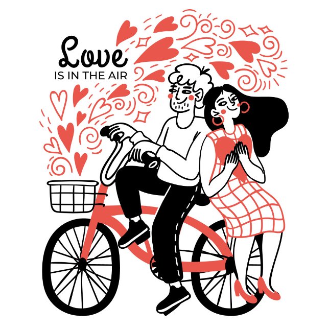 Love is in the air  holiday card (The man, wearing a playful expression, grips the handlebars while the woman, dressed in checkered!)