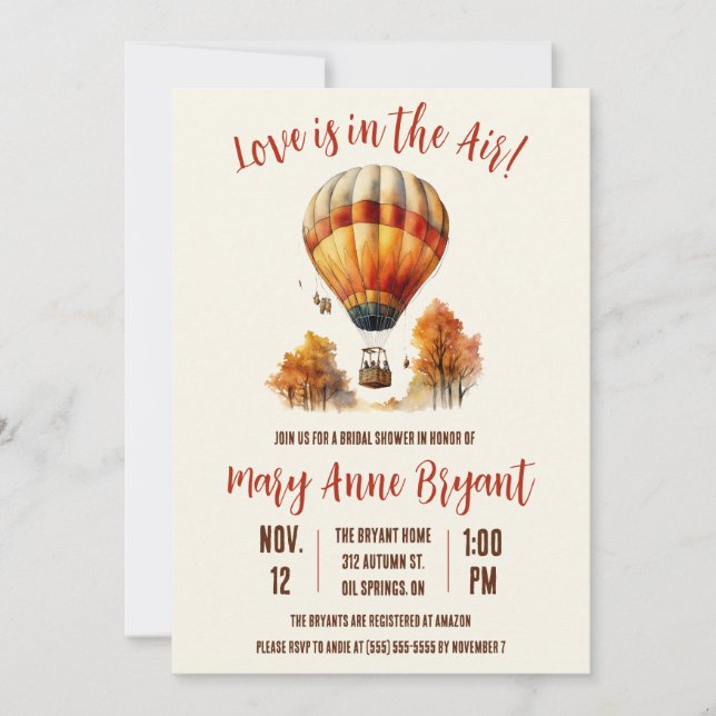 Love is in the Air, Hot Air Balloon Bridal Shower Invitation (Front)