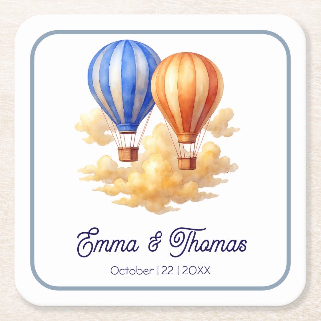 Love Is in the Air Hot Air Balloon Travel Wedding  Square Paper Coaster (Front)