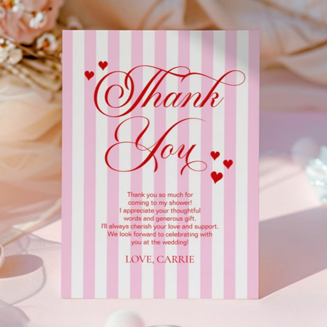 Love Is In The Air Pink Red Hearts Bridal Shower Thank You Card (Creator Uploaded)