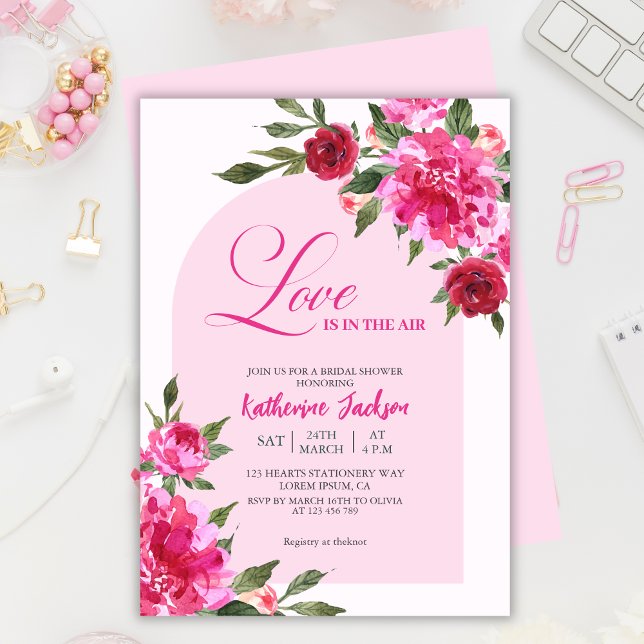 Love is in the air red and pink bridal shower  invitation (Creator Uploaded)