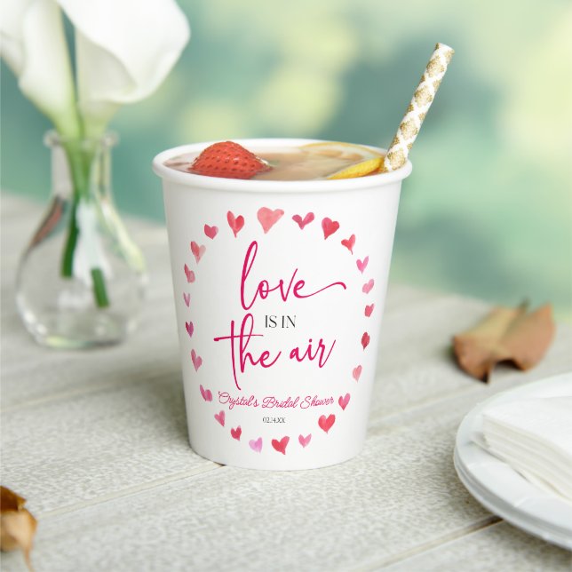 Love Is In The Air Red Pink Hearts Bridal Shower Paper Cups (Insitu)