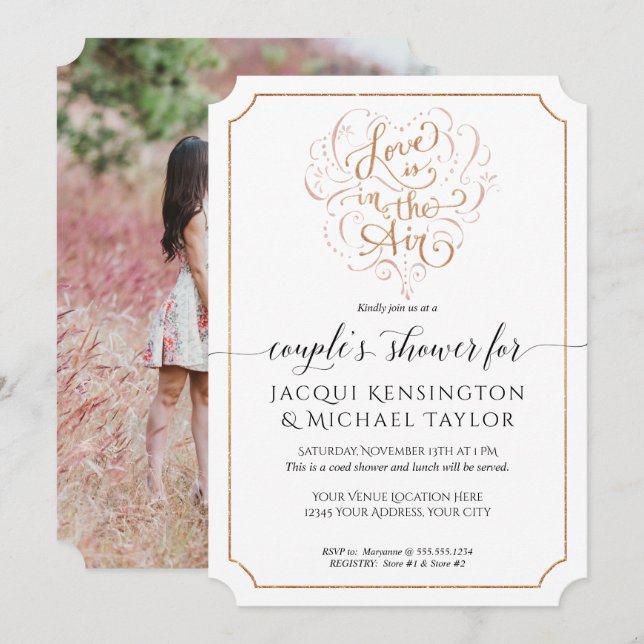 Love is in the Air Rose Gold Script Couples Photo Invitation (Front/Back)