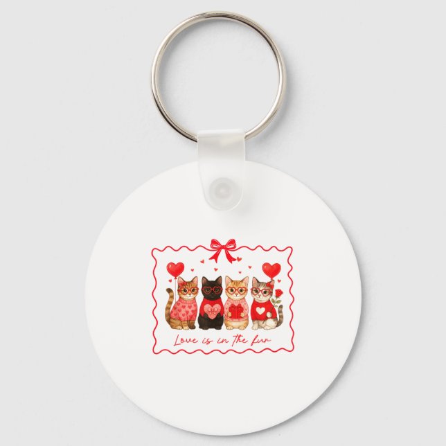 Love Is In The Fur Cat Lovers Valentines Cute Cats Key Ring (Front)