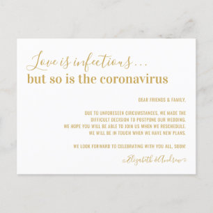 Love is Infectious Gold Wedding Postponement Announcement Postcard