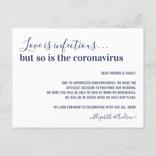 Love is Infectious Navy Blue Wedding Postponement Announcement Postcard