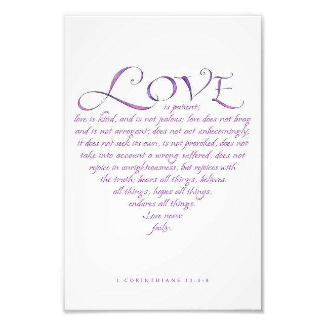 Love is Kind Quote Typography Blue/Purple Heart Photo Print (Front)