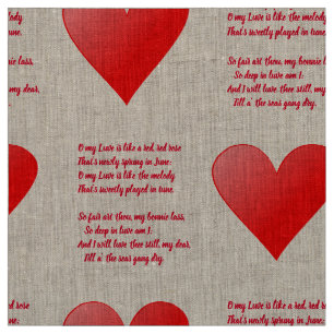 Love is like a red red rose poem and heart fabric