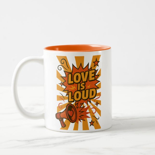 Love Is Loud Bold Comic-Style Statement Two-Tone Coffee Mug (Left)