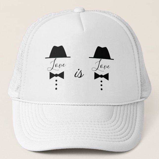 Love is Love , Black and White Gay Couple Trucker Hat (Front)