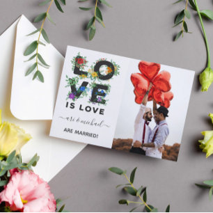 Love Is Love Floral Photo Wedding Announcement Postcard