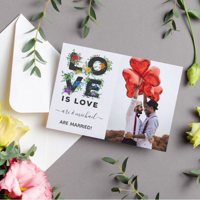 Love Is Love Floral Photo Wedding Announcement Postcard (Creator Uploaded)