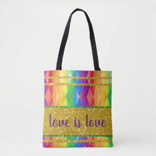 Love is love glitter rainbow pride argyle tote bag