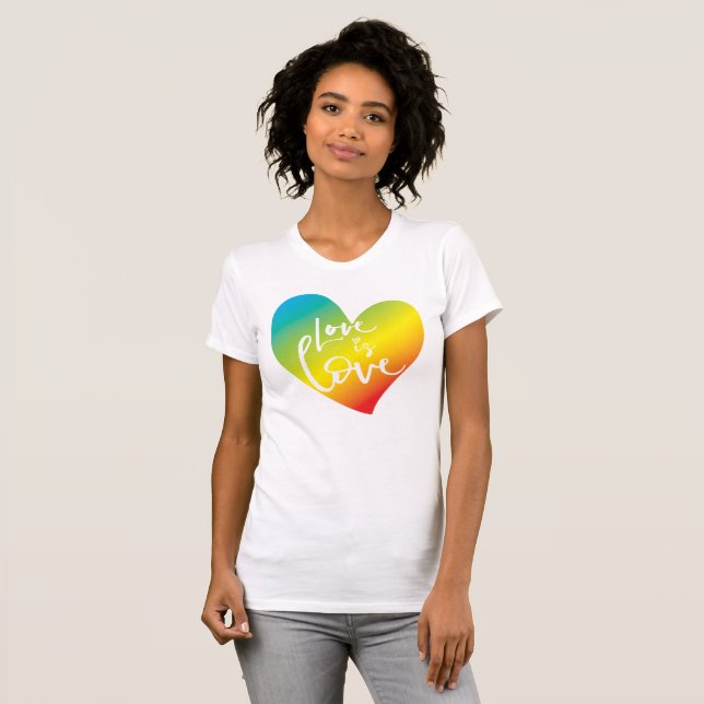 LOVE IS LOVE LBGT rainbow heart white lettering T-Shirt (Front Full)